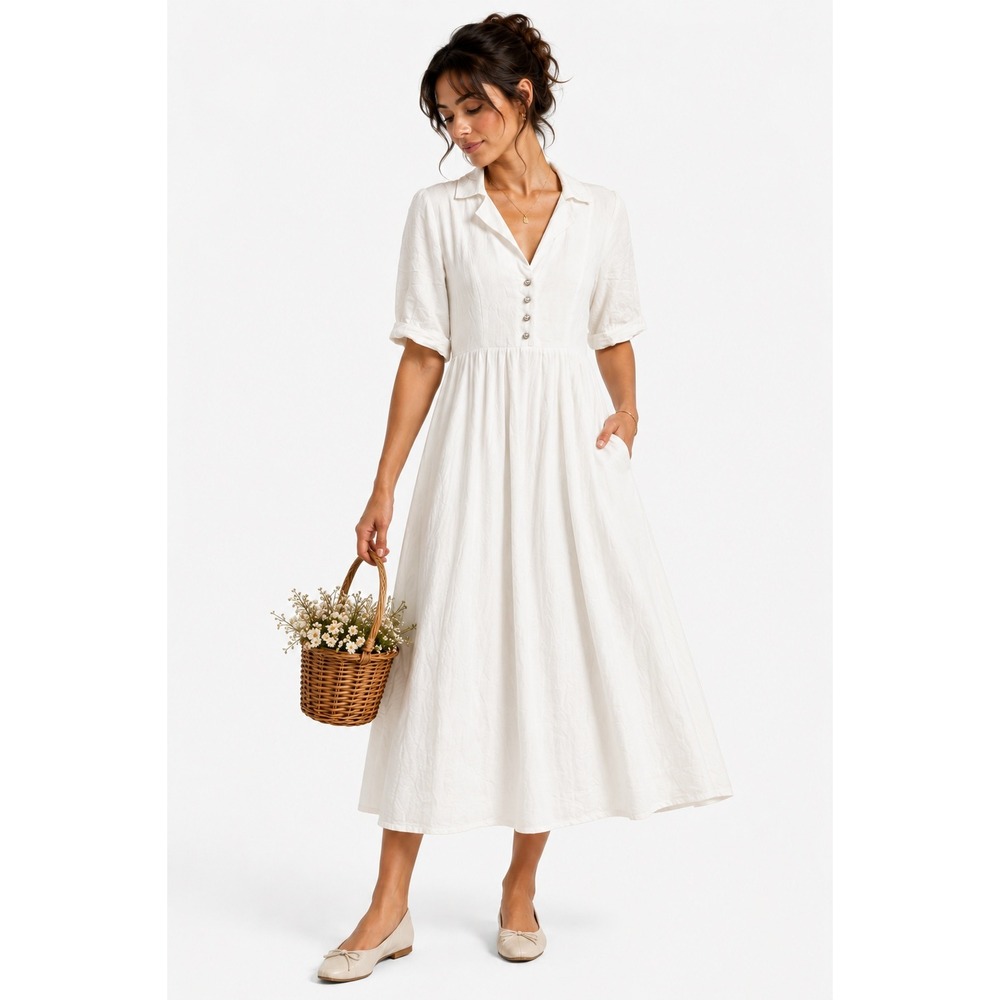Cotton Linen White Midi Dress L Corset Back Pearl Button Cottagecore Regency